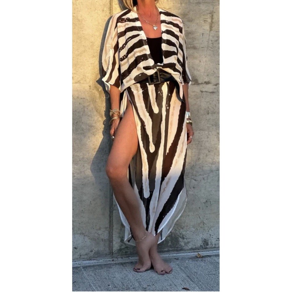 $265 Ramona LaRue By Arianne Erte Zebra Chiffon Kaftan OS Maxi Cover Up Miami - Picture 11 of 11